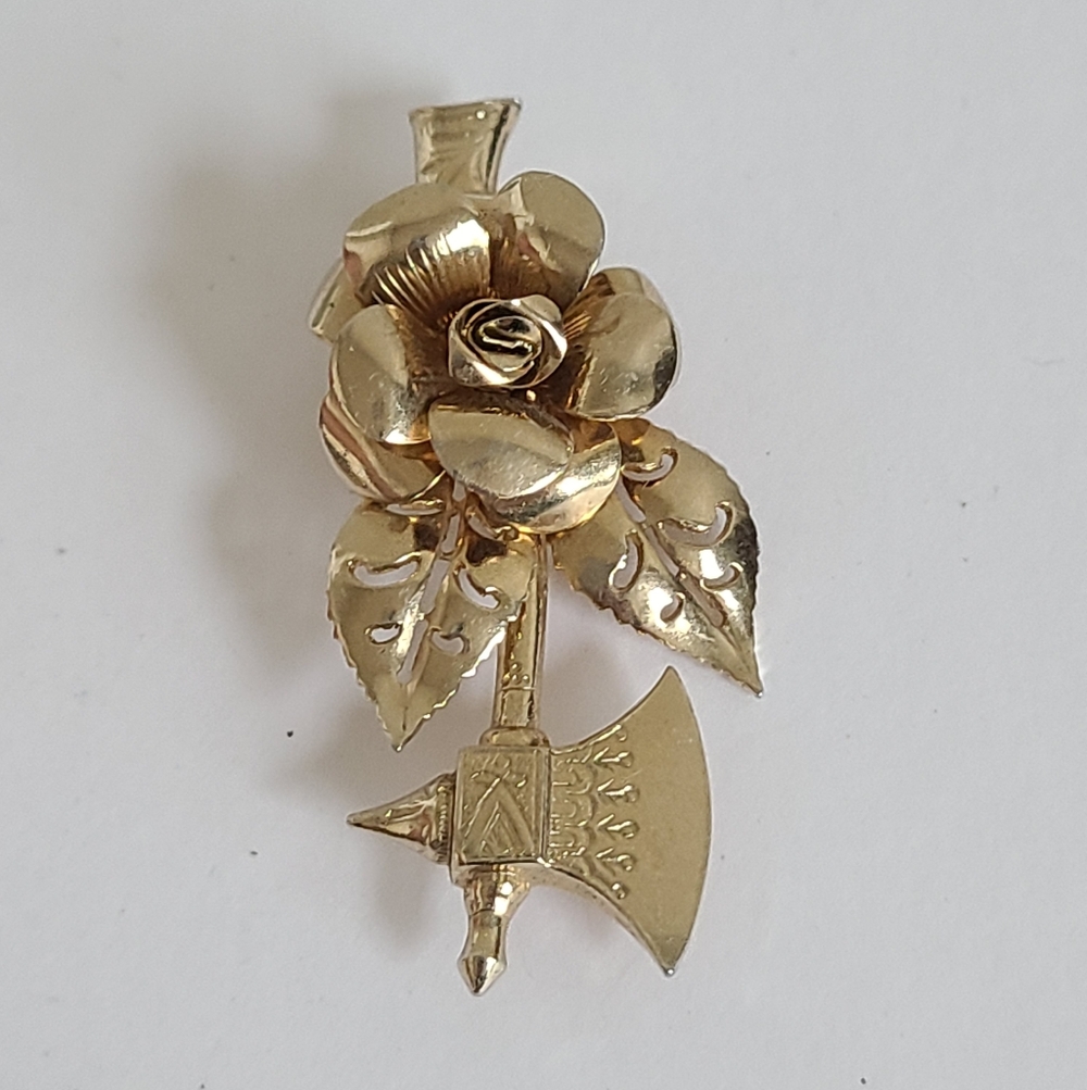 Vintage Mid Century Coro Gold Tone Rose Flower Axe Brooch Pin